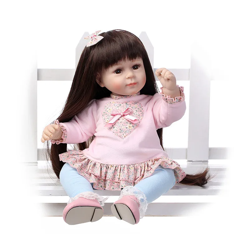 

Smiling 52cm Baby Reborn Girl soft Silicone Handmade Babies bebe alive longhair pink dress princess Birthday Xmas Gift toys