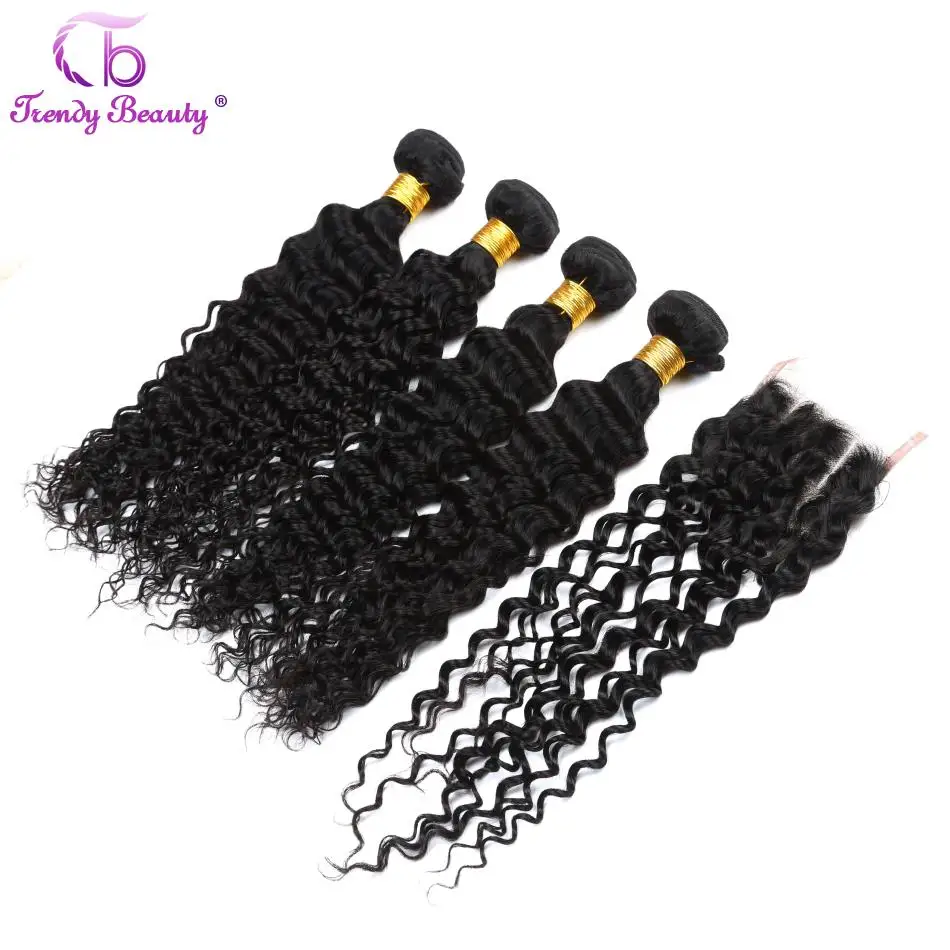 Brazilian Deep Curly Human Hair Weaving 4 Bundles with 1Pc 4*4 Lace Closure Hair Extensions Free Shipping Color 1B Trendy Beauty