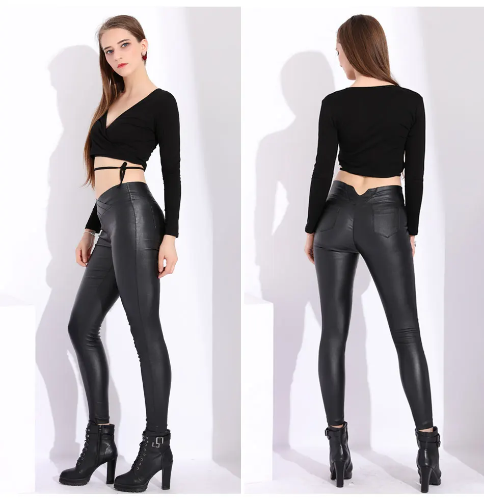 Черные обтягивающие кожаные брюки для женщин; сезон осень-зима; искусственная кожа; бархатные кожаные брюки с высокой талией; женские брюки; эластичные узкие брюки