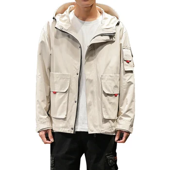 

2019 Spring Autumn Fashion Black Men's Jacket Windproof Multi-Pocket Zipper Hooded Jackets Loose Outerwear 4XL 5XL Coats