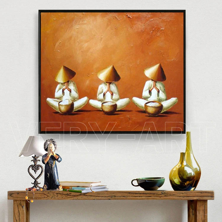 hand painted 3 monk cute kids room decoration zen oil painting AD006