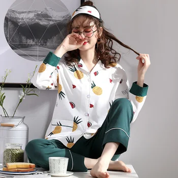 

Spring Women 100% Cotton Pyjamas Pineapple Print Long Sleeves Button Sleepwear Ladies Warm Pure Cotton Homewear Set 2 Pieces PJs