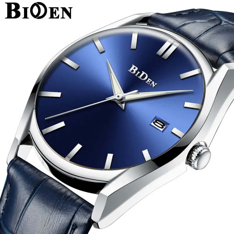 BIDEN Men Watch Waterproof Military Army Sport Man Clock Top Brand Luxury Blue Genuine Leather Quartz Wrist Mens Watches | Наручные часы
