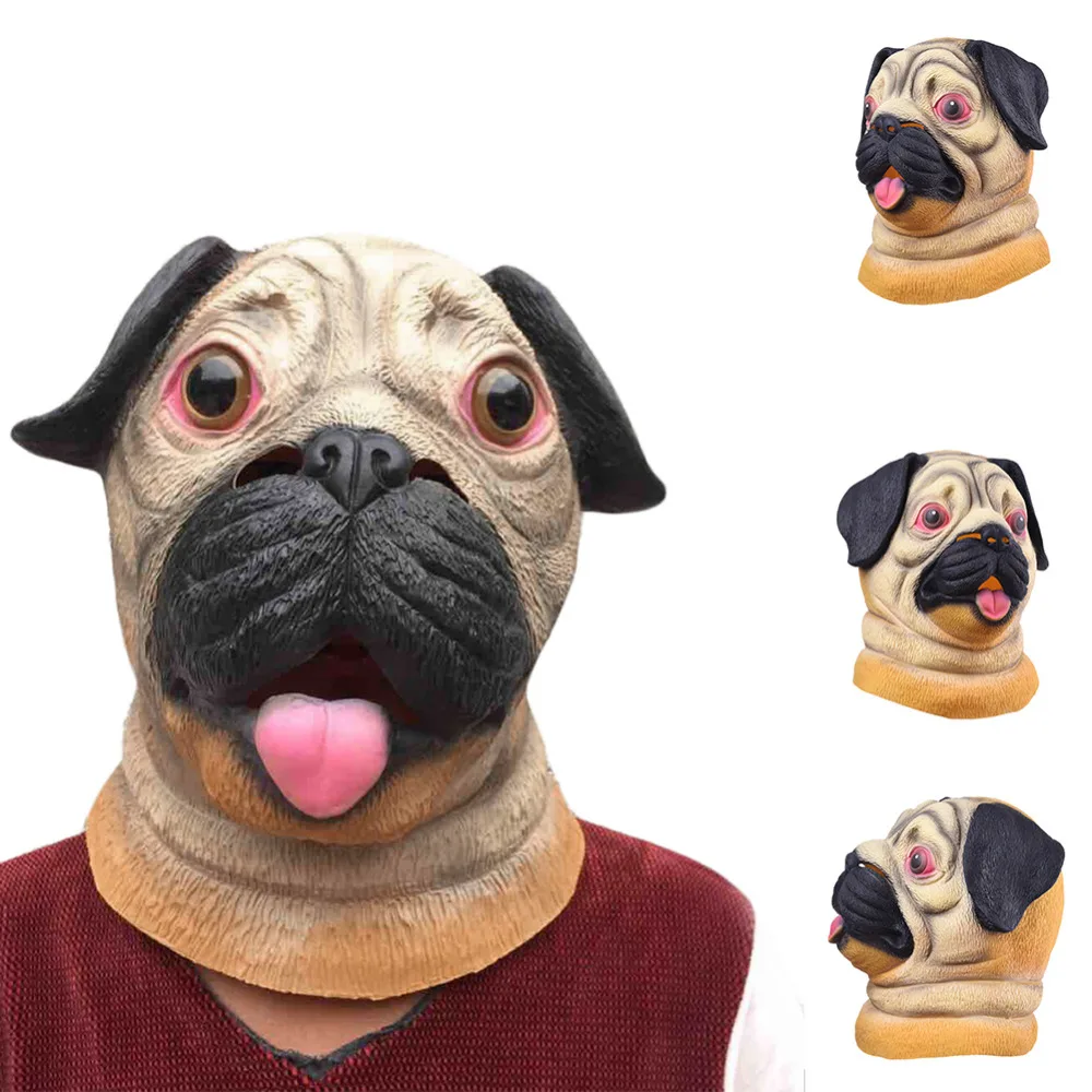 Cute Pug Dog Head Latex Mask Full Face Adult Mask Breathable Halloween Masquerade Fancy Dress Party Cosplay Costume Funny Mask