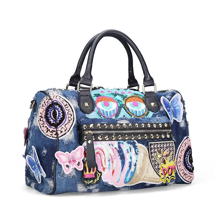 Discount Rock Style Fashion Totes Women Denim Handbags Casual Shoulder Bags Vintage Demin Blue Top Handle Bags Bolsa Large Travel Bags
