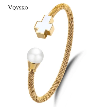 

Three Color Cable Wire Bangles For Women Fashion Stainless steel Cross Charm Jewelry Bracelets Bangles With Pearl