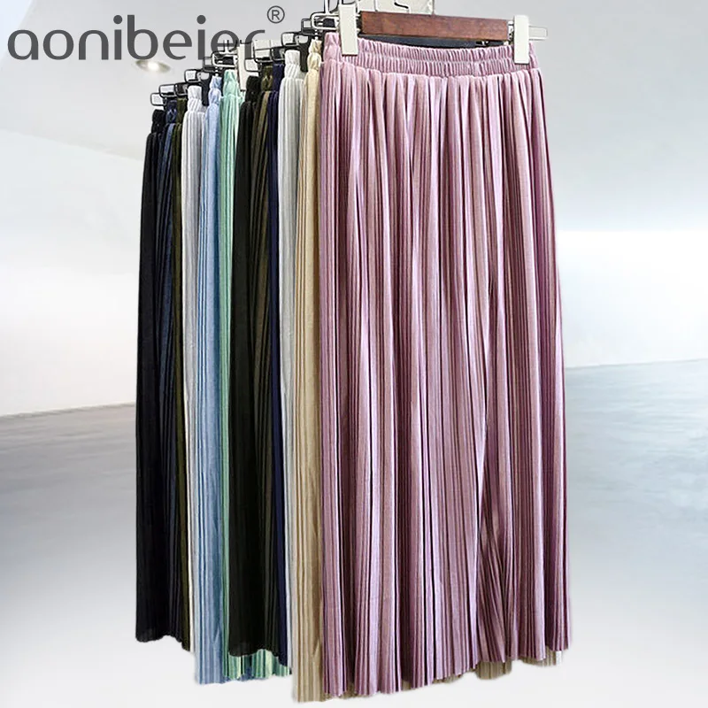 Aonibeier Women Pleated Skirt Long Skirt Elastic High Waist Midi Skirt Autumn Sexy Fashion Female Vintage Metallic Skirts Womens