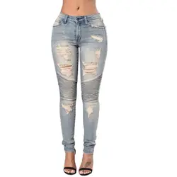 2019 новые рваные джинсы женские тонкие рваные джинсы для женщин средней талии джинсы узкие брюки Карманы Промывают Винтаж сращены полная