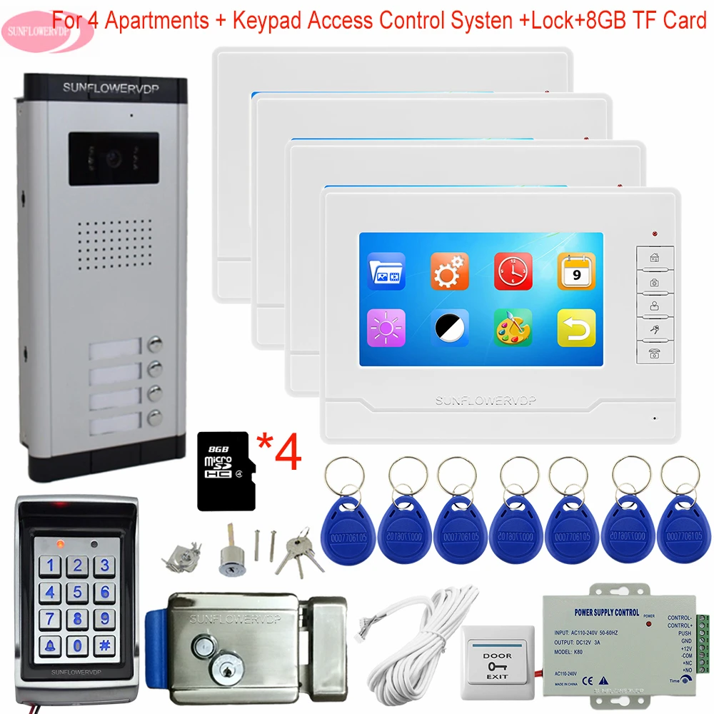 7\ Video Intercom With Recording+8GB TF Card Video Intercom 4 Apartments With 4 Monitors Keypad Access Control +Electric Lock