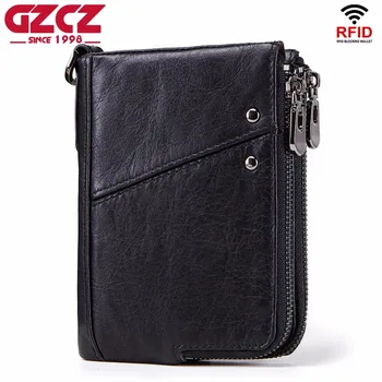 

GZCZ 2018 New Men'S Genuine Leather Wallet Vintage Zipper Coin Purse RFID Short Male Purse Clamp For Money Portomonee Money Bag