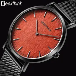 GEEKTHINK Марка ultra slim Топ Тонкий кварц-часы Для мужчин Повседневное деревянный лицо Нержавеющая сталь Японии аналоговые часы Relógio Masculino