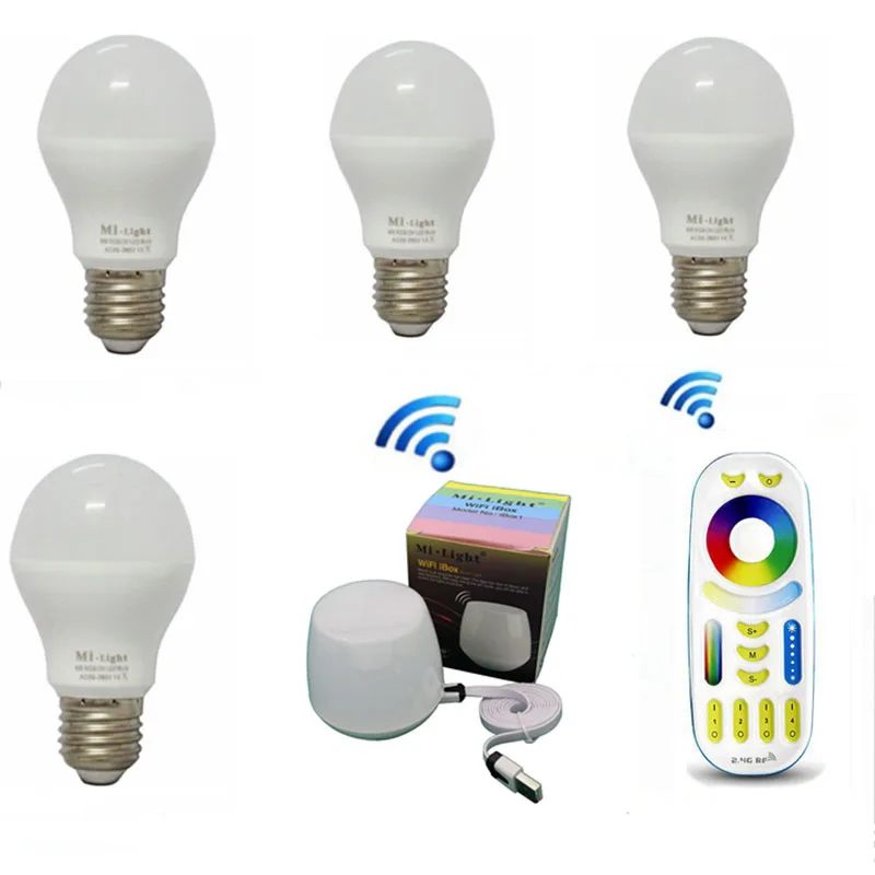 

Milight E27 Base 4Pcs E27 6W Led bulbs Lamp RGBCCT AC85-265V With 1pcs 4 Zone Remote and WiFi APP Controller Whole Set mi.light