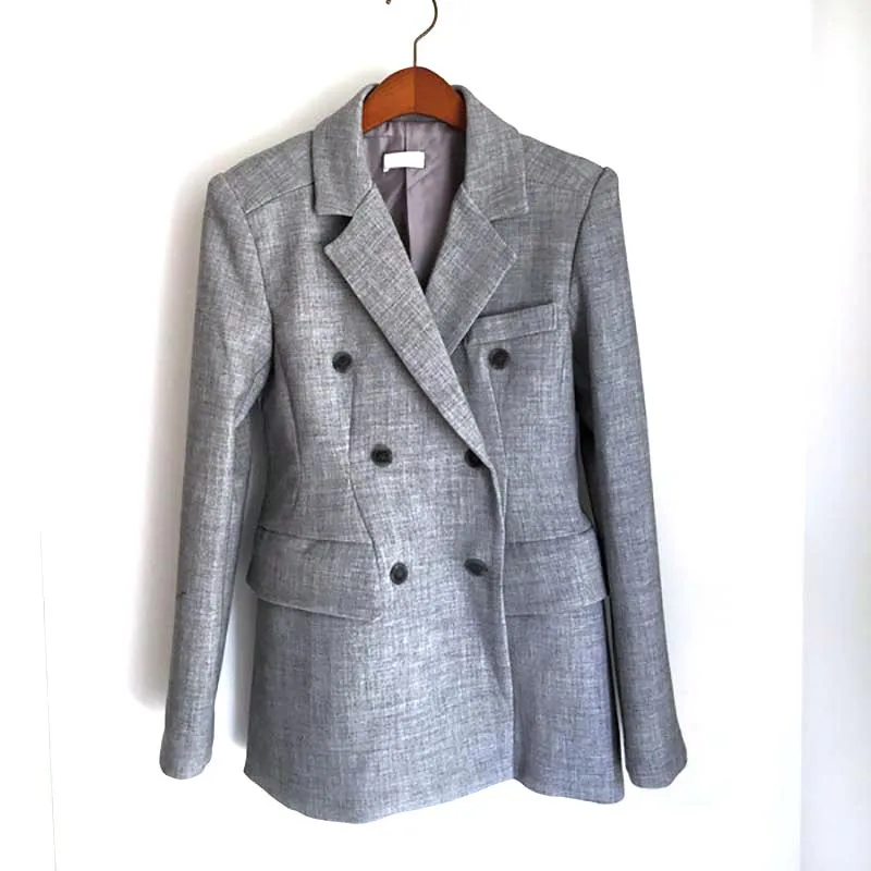 2019 Spring Gray Black Korean Women's Jacket Blazer Solid Double Breasted Coat Female Long Sleeve Office Blazers Women Outerwear