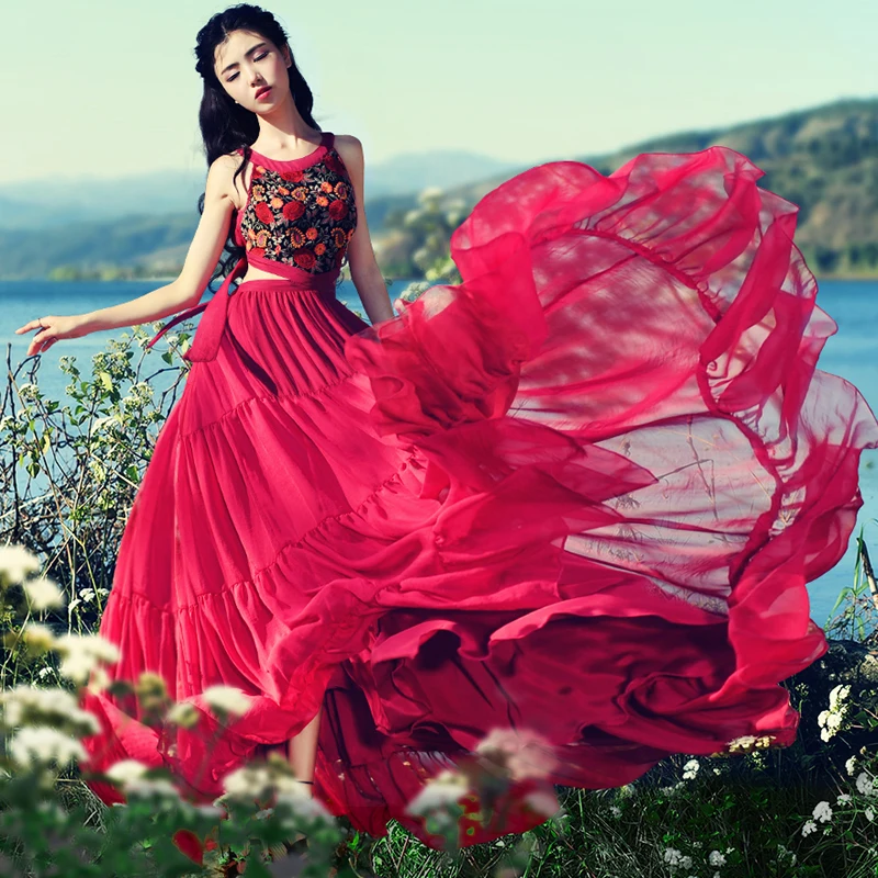 

Summer Women Bohemia Elegant Slim O-Neck Sleeveless Hollow Out Waist Embroidery Chiffon Beach Casual Maxi Long Big Swing Dress