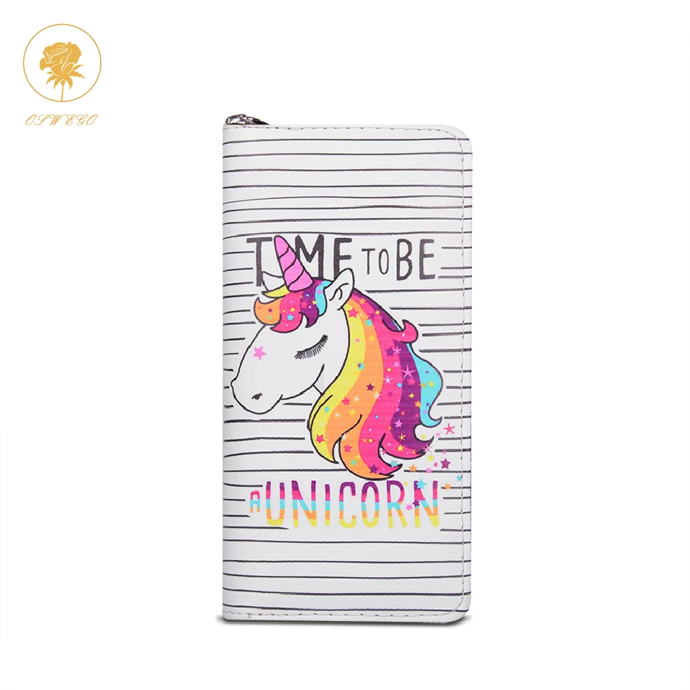 

OSWEGO Wallet Women Cute Cartoon PU Leather Zipper Long Fashion Wallet Unicorn Cartoon Credit Card Holder Wallet 2018
