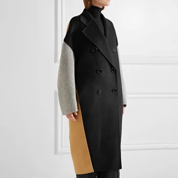 

Contrast Color Patchwork Oversize Woolen Long Coat Women Winter Coat Long Sleeve Slim Jacket