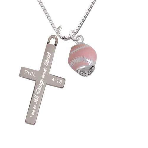 Pink Softball with Silver Tone Stitching Spinner - I Can Do All Things - Cross Necklace (1)