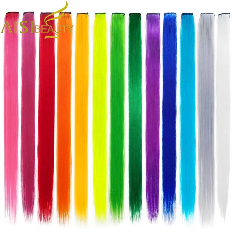 

AISI BEAUTY 10pcs/Lot Synthetic Long Single Clip In One Piece Hair Extensions 50cm Rainbow Color Straight Hairpiece For Women