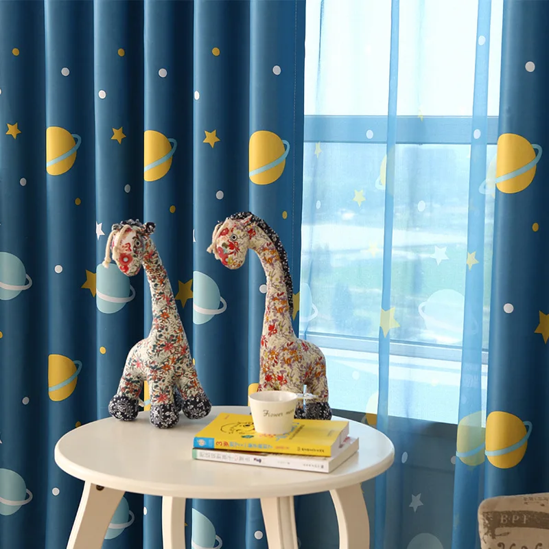 Мультяшные синие шторы с планетами, для гостиной, на заказ, Затемненные, для детей, ткань для мальчиков, для спальни, занавески, WP355-30