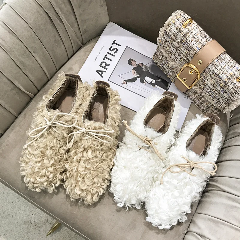 

Fashion Round Toe Fur Winter Women Fur Loafers Plush Slip on Cross-tied Solid Warm Flats Shoes Elegant Casual Women Shoes
