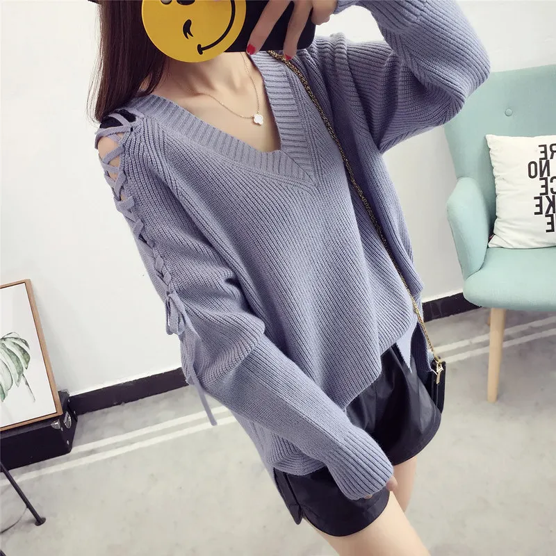 

2017 new autumn autumn Strapless V Neck Sweater female head of Korean students loose knit sleeves
