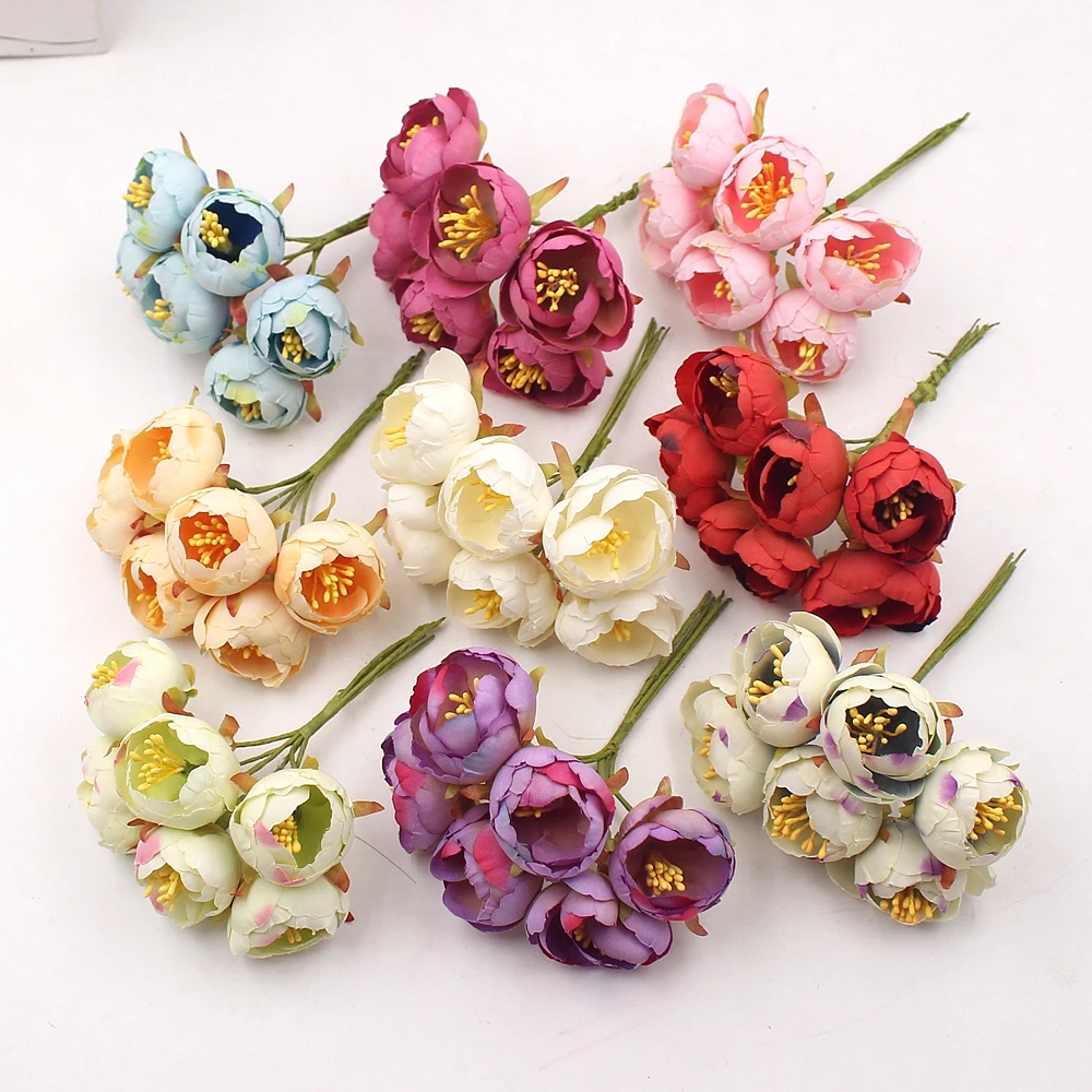 6Pcs Mini Tea Rose Bud Artificial Flowers For Wedding Home Decoration Jewelry Accessories Fleurs Scrapbooking DIY Craft Supplies 6Pcs Mini Tea Rose Bud Artificial Flowers For Wedding Home Decoration Jewelry Accessories Fleurs Scrapbooking DIY Craft Supplies
