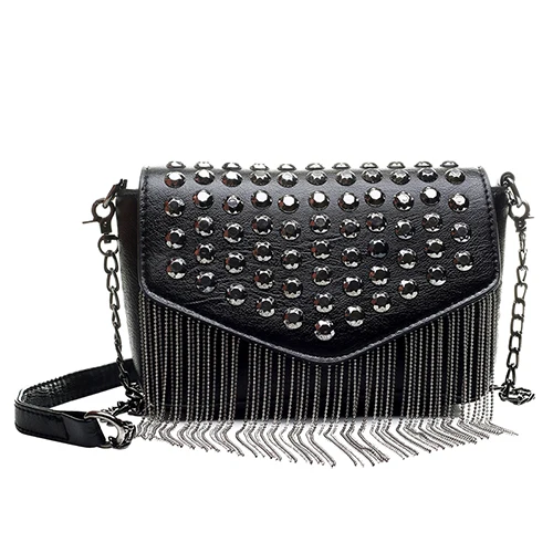 JIEROTYX Модные кисточкой бриллианты бренд дизайн мини цепь сумка через плечо черные кожаные заклепки женская Bolsa Sac основной - Цвет: style 1