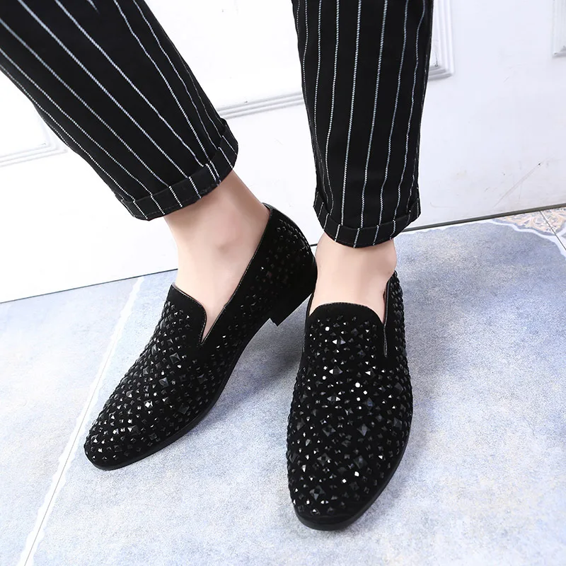 Britânica Marca Strass Diamante Moda Apartamentos Sapatos Preto Masculinos Couro Vestido Respirável Da Negro Festa Luxo Homens Mocassins De wqfAfCF