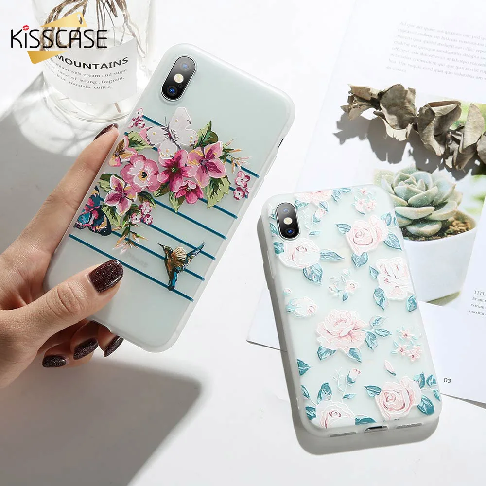

KISSCASE 3D Relief Flower Phone Case For iPhone 7 8 Plus XS Max XR Rose Floral Soft Silicon Case For iPhone 6 6S X 8 7 Plus 5 SE