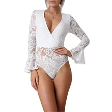 Women Summer Autumn Sexy Long Sleeve Deep V neck Lace Bodysuit Splice Flare Sleeve Jumpsuit Women Summer Autumn Sexy Long Sleeve Deep V neck Lace Bodysuit Splice Flare Sleeve Jumpsuit