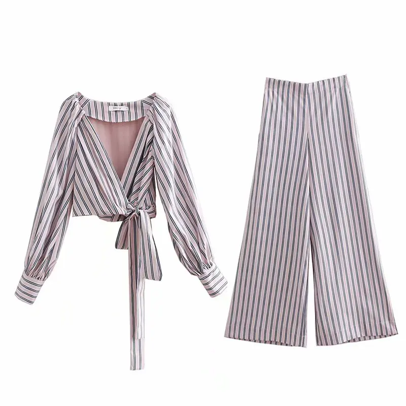 

Female set pants set spring and autumn new fashion wild long-sleeved striped wrap shirt striped wide-leg pants two-piece 2019