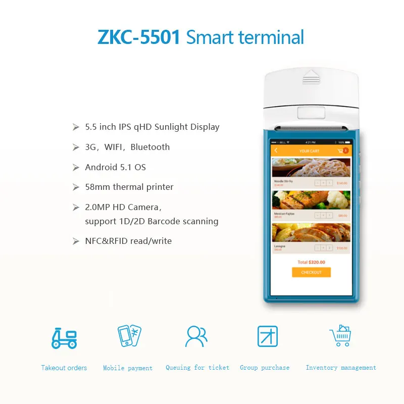 Мини андроид для мобильного телефона pos терминал с 58 мм Термопринтер NFC RFID считыватель ZKC5501