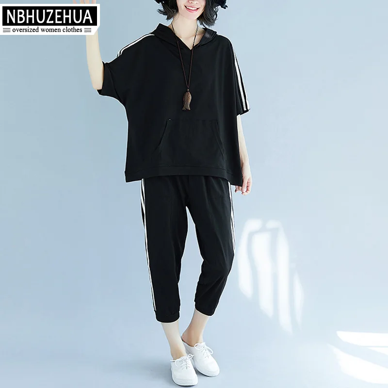 

NBHUZEHUA Summer Set Women Hooded Splice Striped Cotton Top and Harlan Pants Femme Sweat Suits Tracksuit Plus Size 4XL 19-D250