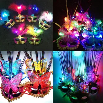 

10pcs/lot Colorful Feather LED Flashing Mask Women Girls Princess Butterfly Glowing Masks Christmas Masquerade Party Supplies