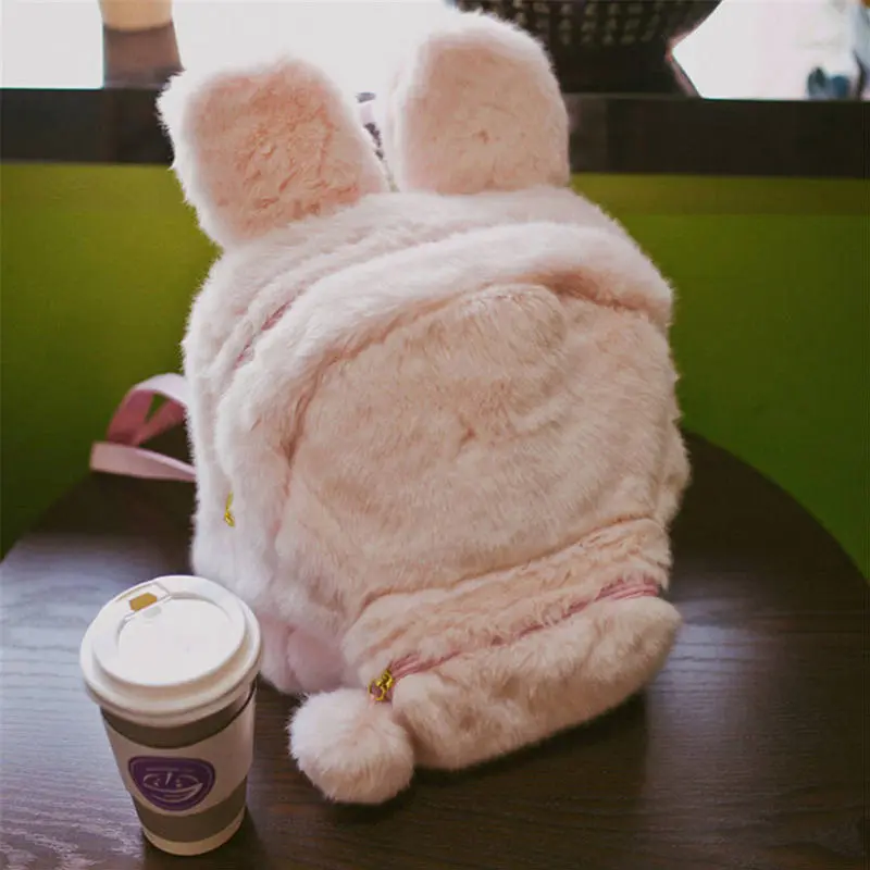 New Lovely Women Bunny Ears Rabbit Fur Backpack School Bags for Teenage Girls Travel Rucksack Double
