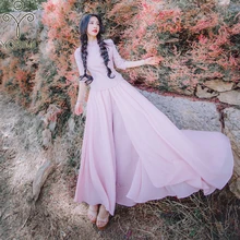 YOSIMI, весенне-осеннее винтажное платье, розовый костюм из двух частей, Женский комплект, Vestidos, женский ретро Топ с воротником-стойкой+ длинная шифоновая юбка