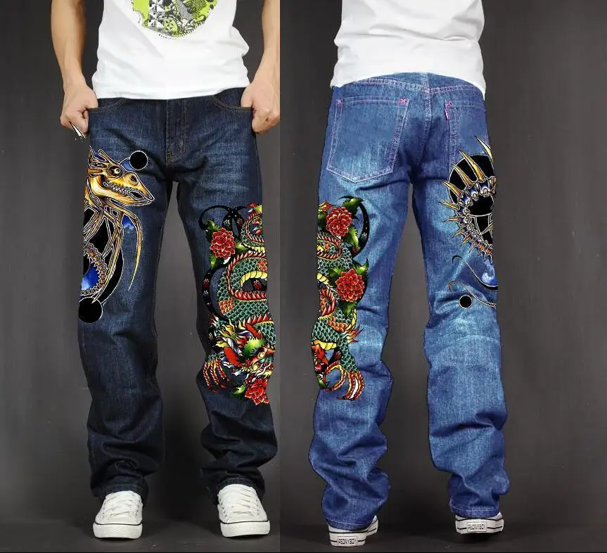 

Men's Long Pants Baggy Loose Fit Jean Rap Hip Hop Skate Denim Print Trousers Straight Stretch Casual Trousers Sea Monster Dragon