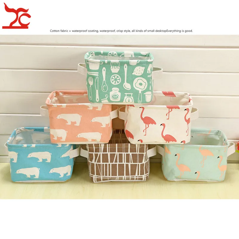 

Fresh cotton linen handle desktop debris basket storage box Cabinet small clothing fabric storage basket