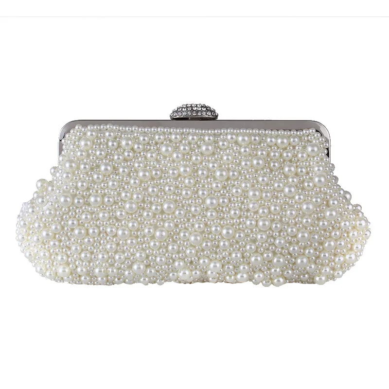 

New Pearl Beading Women's Evening Party Clutch Crystal Metal Frame Female Flap Handbag Hasp Shell Bag Metal Handle White Beige