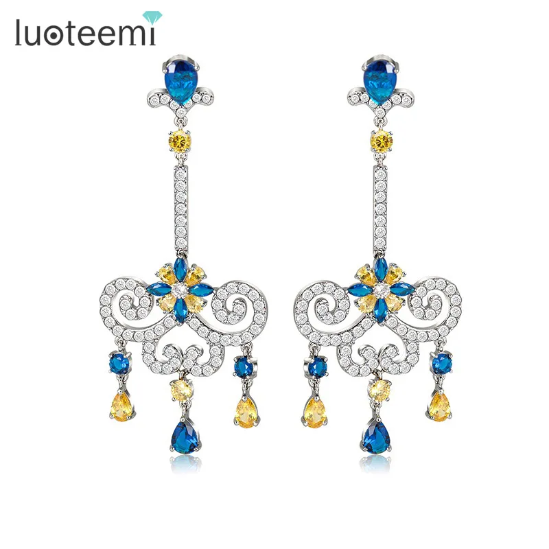 

LUOTEEMI New Atmosphere Design Shining CZ Inspired CZ Clear with Multi Stone Big Drop Earrings Bridal Wedding Brincos Jewelry