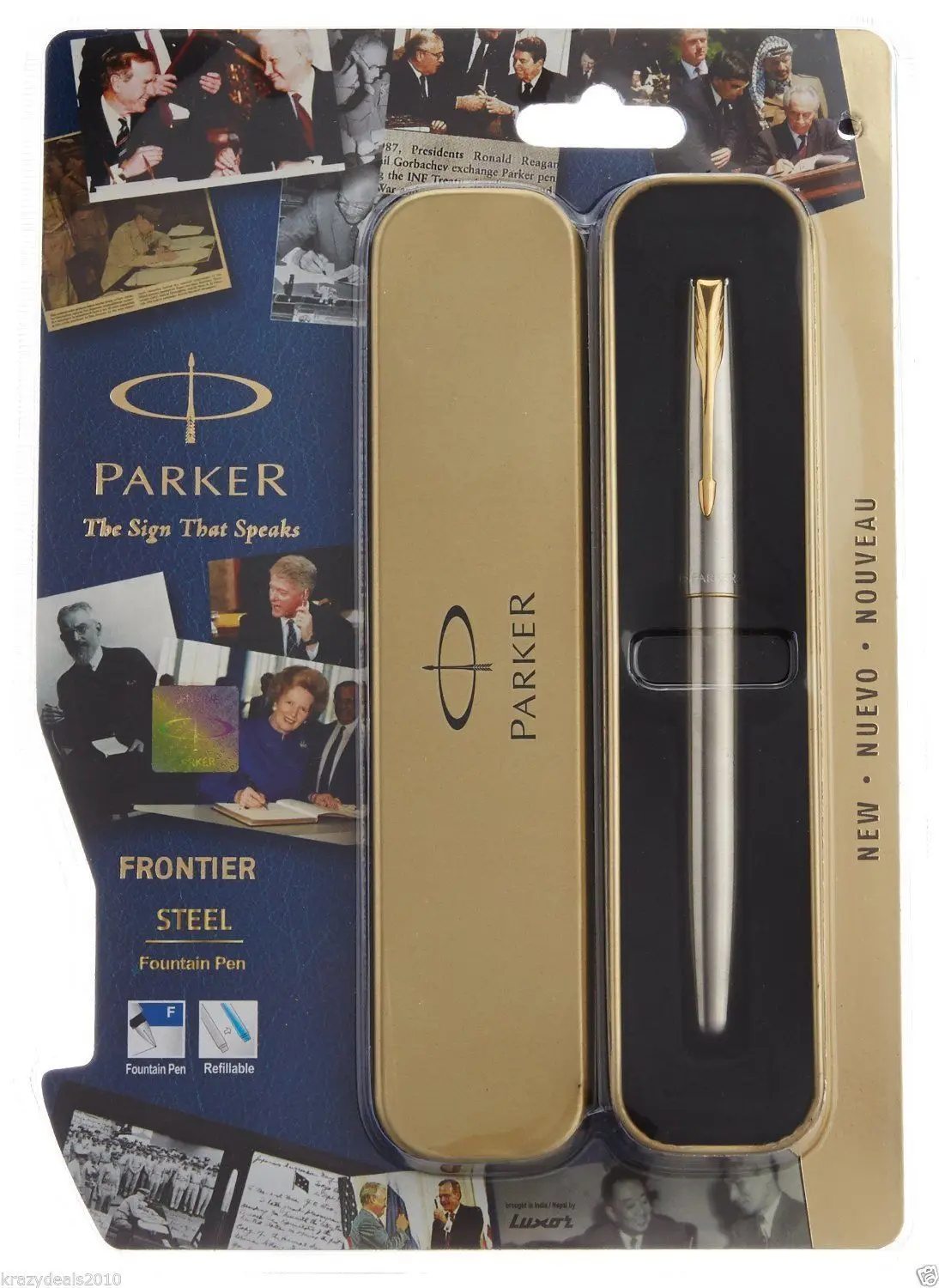 3 Blue Ink Parker Frontier Stainless Steel GT Gold Trim ink Fountain Pen Chrome 