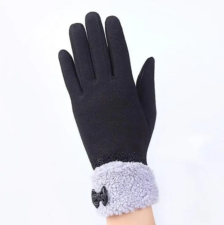 Женские перчатки с сенсорным экраном Зимняя мода лук дамы кружева сращивания теплые перчатки рукавицы из кашемира женские наручные перчатки подарок 16A - Цвет: A Black