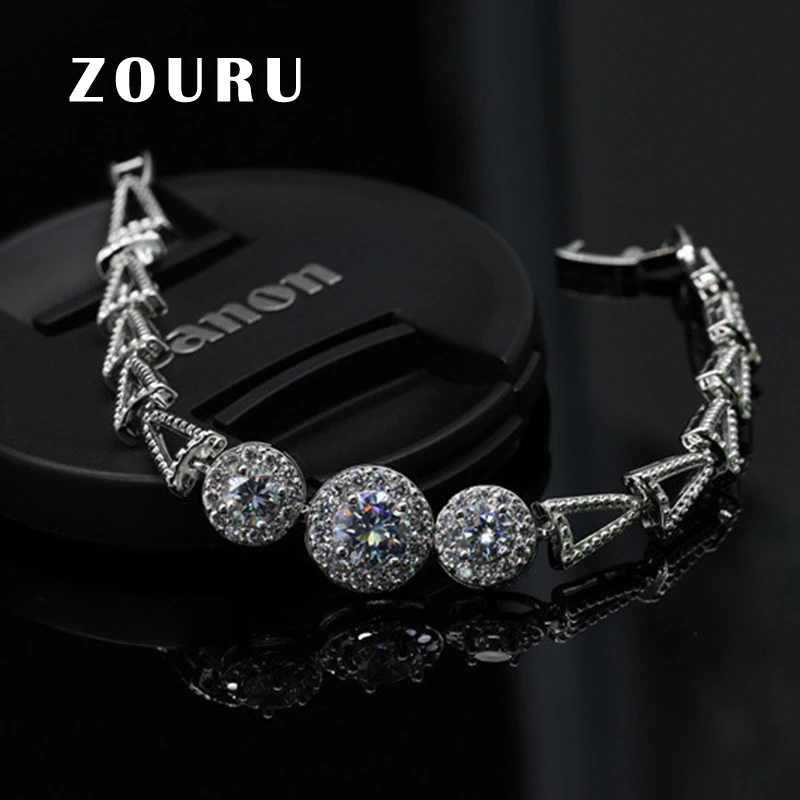 

ZOURU Brand Fashion White Gold Plating Link Chain Vintage Bracelet Female AAA Big CZ Charm Strand Bangles Jewelry Free Shipping