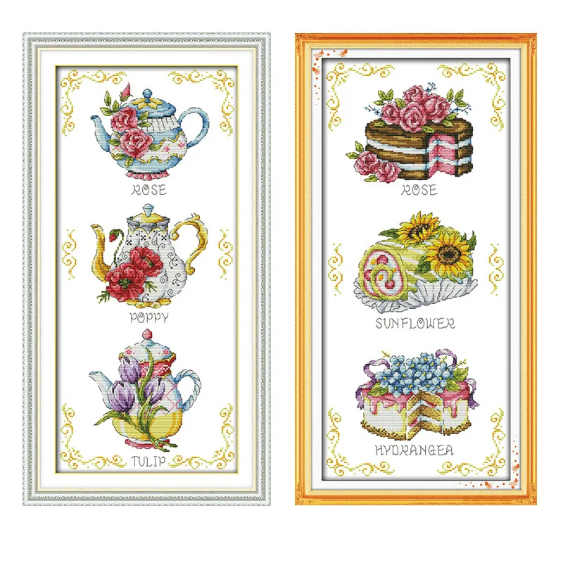 

Teapot Dessert cake colorful flowers painting Counted Print on canvas DMC 11CT 14CT Cross Stitch kits Needlework Sets embroidery