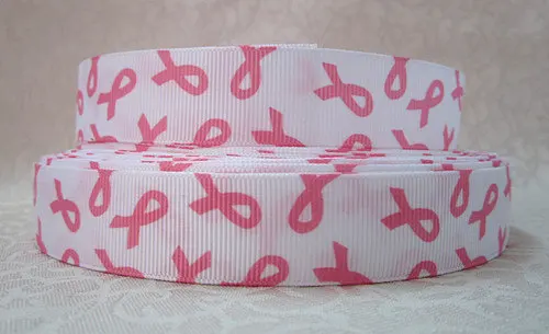 

50Yards/lot 1" 25-26mm pink Breast Cancer Ribbon printed white Grosgrain Ribbon