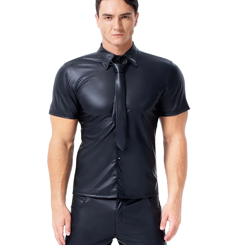 

Size S-XXXL Sexy Black Faux Leather Shirt Wet Look Stretch Undershirt Latex Novelty Short Sleeve Uniform Clubwear Stage Costume