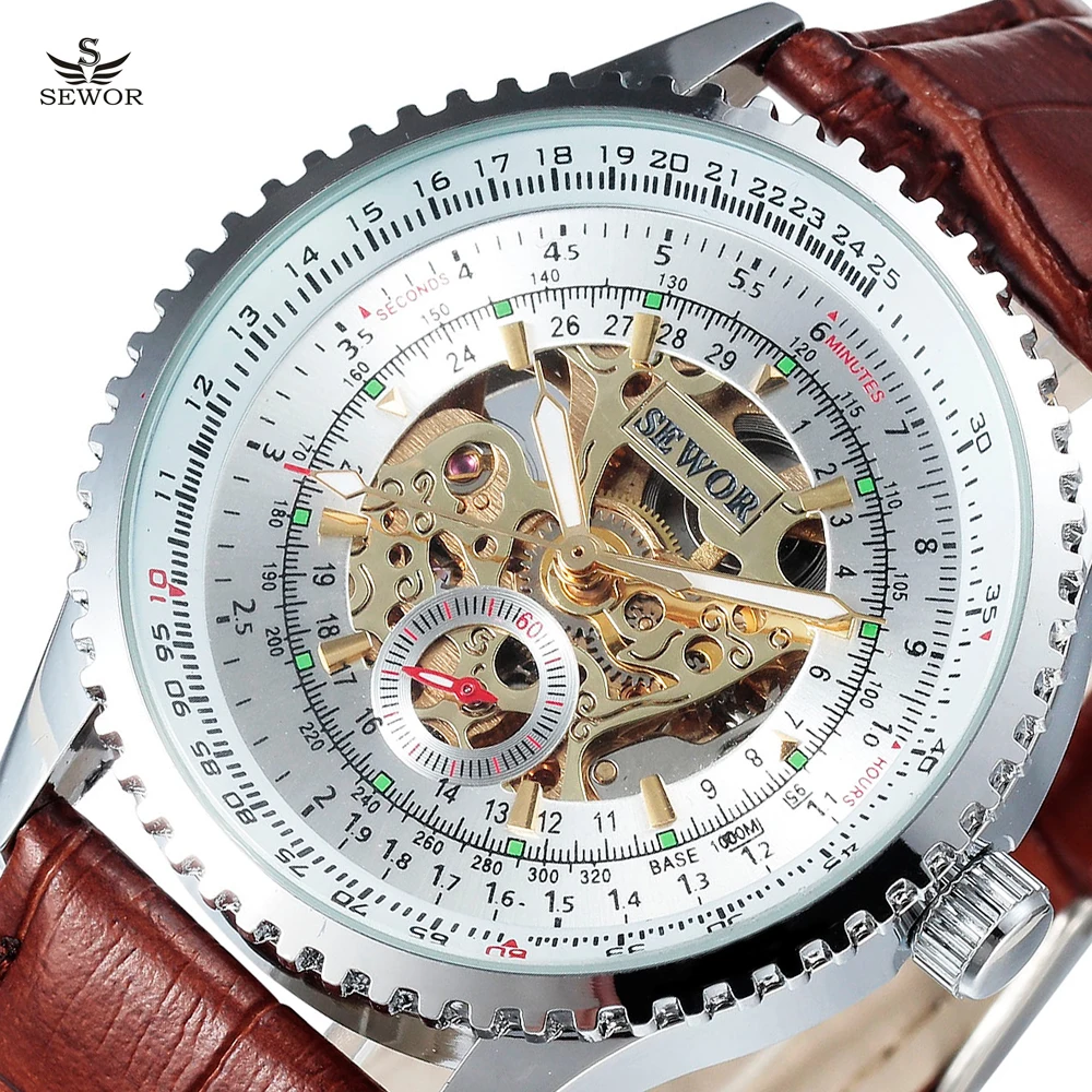 Achat SEWOR Rétro Hommes Militaire Squelette Automatique Montre Hommes Auto Vent Bracelet En Cuir Mâle Horloge Business Mens Montres Mécaniques
