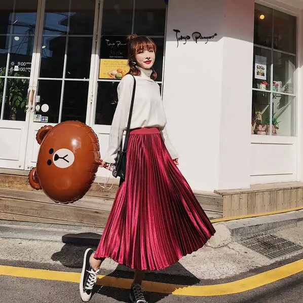 Сатиновая плиссированная юбка, высокая талия, трапециевидная плиссированная юбка, эластичная талия, большая юбка-свинг, шикарная юбка миди цвета металлик DC293