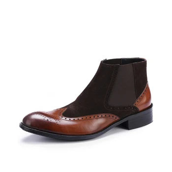 

Men's Cowboy Boots Ankle Dress Wedding Oxfords Round Toe Elastic Band Boots Genuine Leather Chakku Chelsea Shoes 2019 New