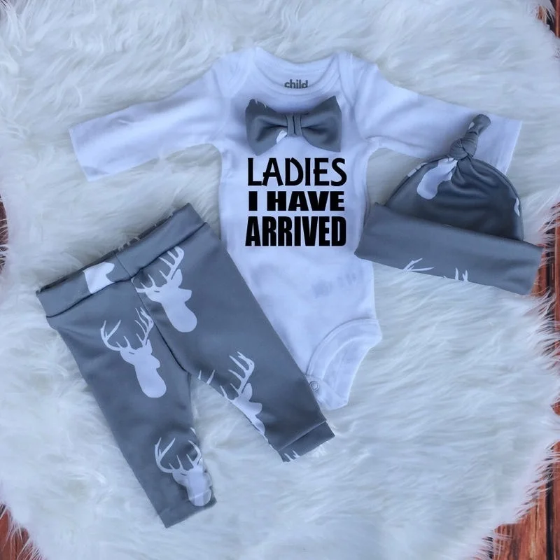 

Ladies I have arrived Long sleeve Bodysuit,Cartoon Pant with Hat Set For Baby Boy Clothes